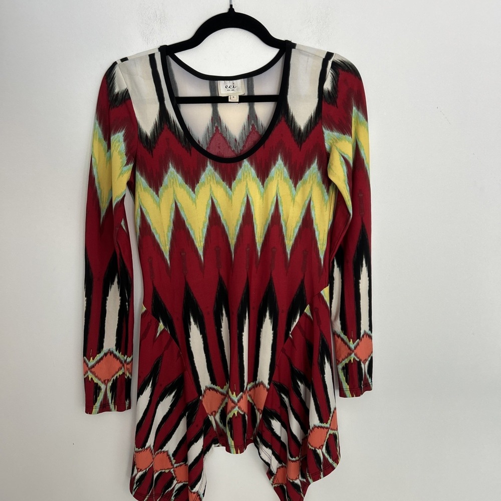 eco New York Women S Long Sleeve Art To Wear Red Black Yellow Zigzag Mini Dress